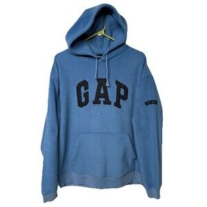 Vtg Y2K GAP Spell Out Fleece Hoodie Baggy Fit Light Blue Korea Made Men M GUC